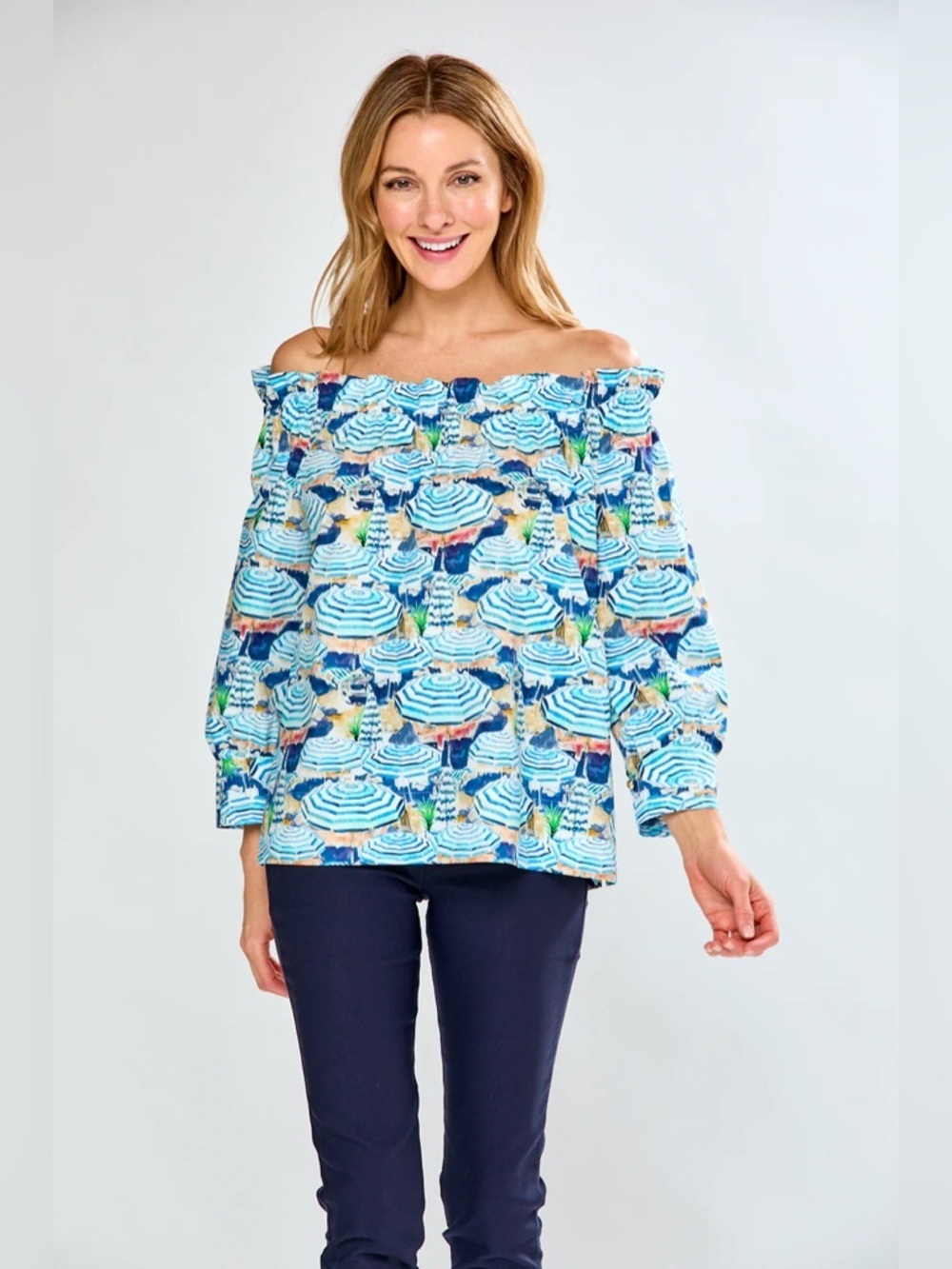New Sara Campbell Marina Blouse Top Novelty Beach Umbrella Off Shoulder Ruffle